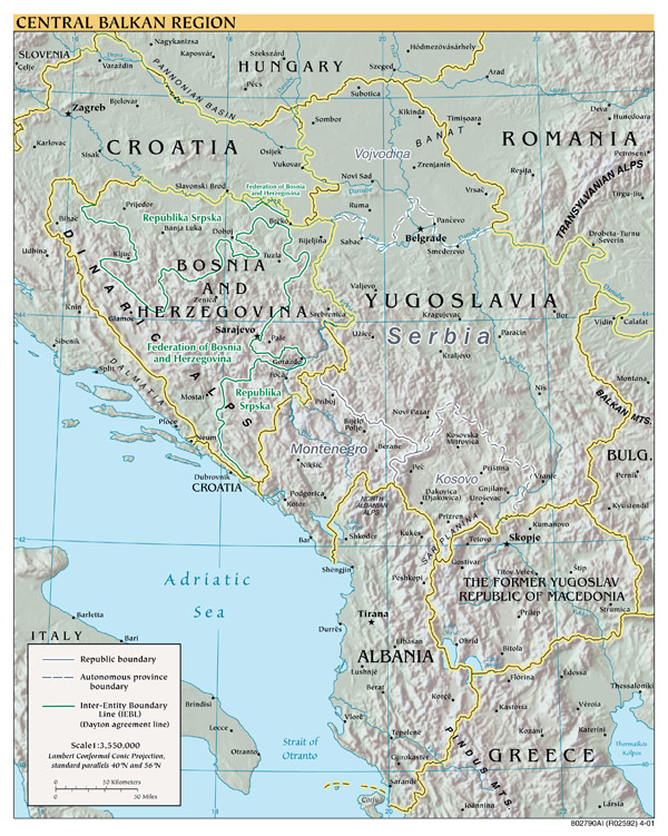 Large scale political map of Central Balkan Region with relief - 2001.