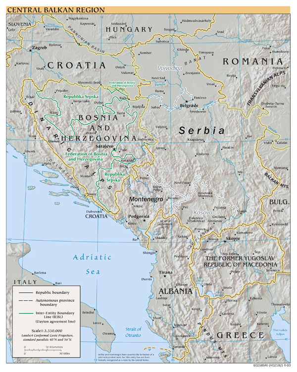 Large scale political map of Central Balkan Region with relief and major cities - 2000.