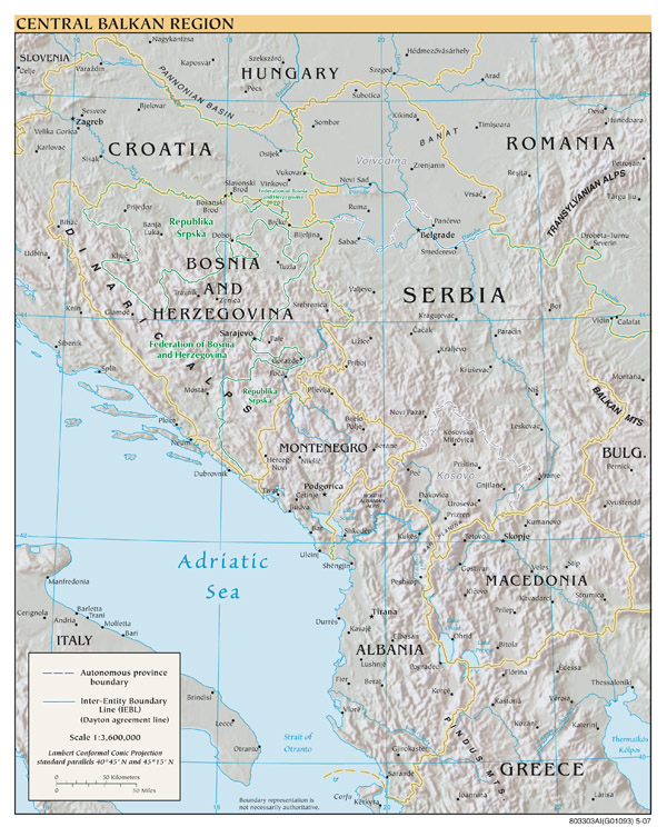 Central Balkan Region large scale political map with relief and major cities - 2007.