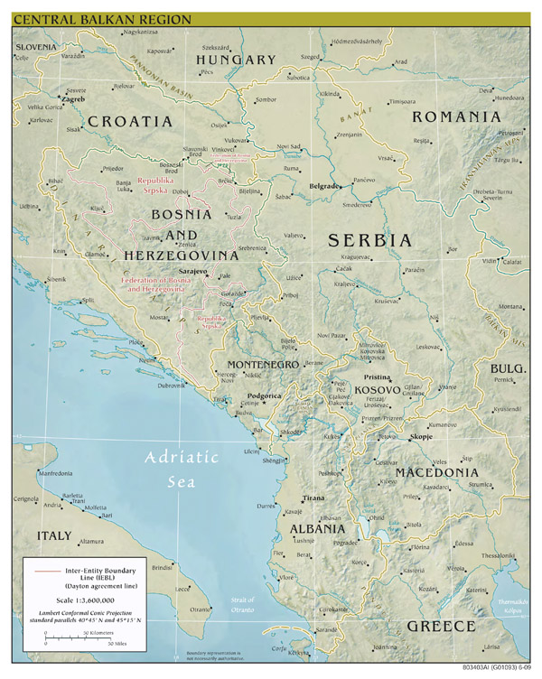 Large scale political map of Central Balkan Region with relief, major roads and major cities - 2009.