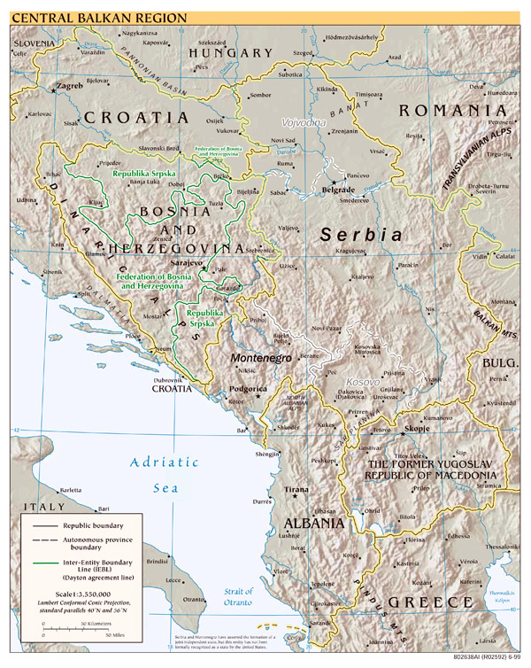 Large scale political map of Central Balkan Region with relief, roads and major cities - 1999.