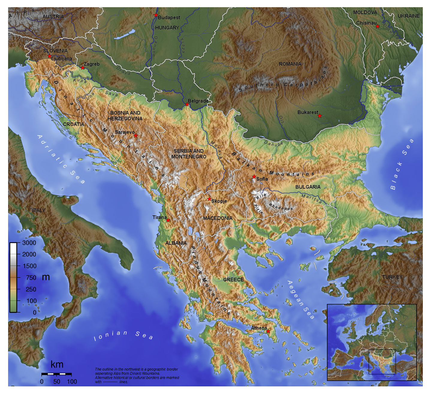 Large topographical map of Balkans. Balkans large topographical map