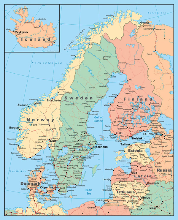 Detailed political map of Scandinavia.