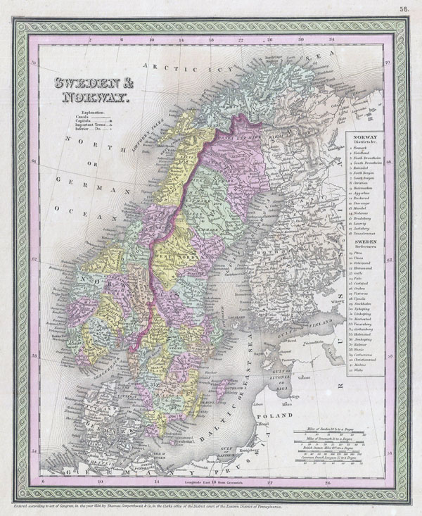 Large detailed old political map of Sweden and Norway - 1850.