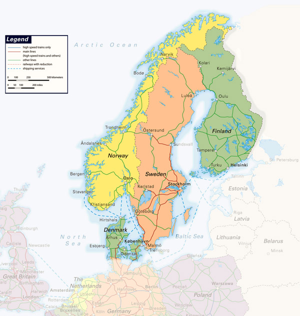 Large detailed railways map of Scandinavia.