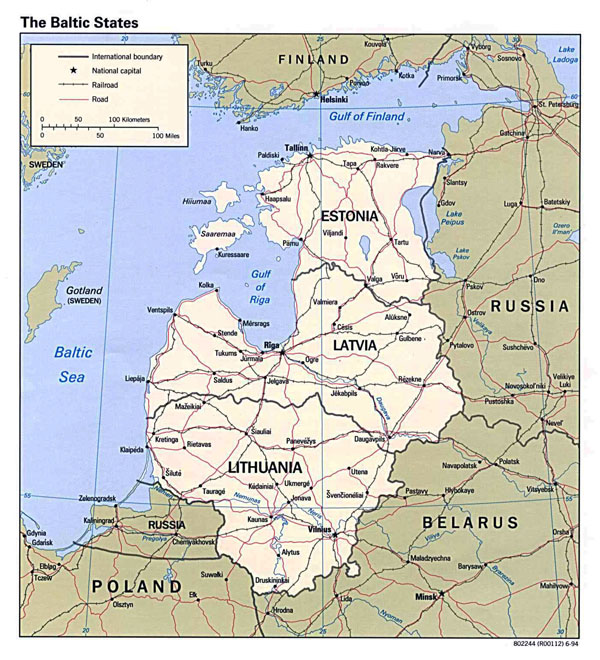 Large political map of the Baltic States with roads and major cities - 1994.