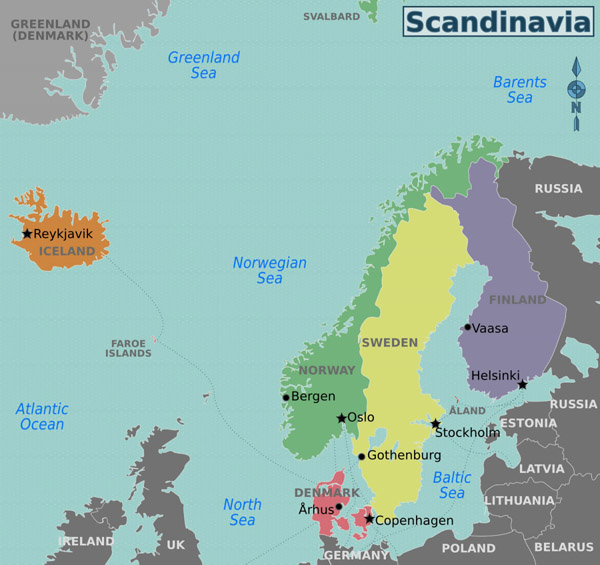 Large regions map of Scandinavia.