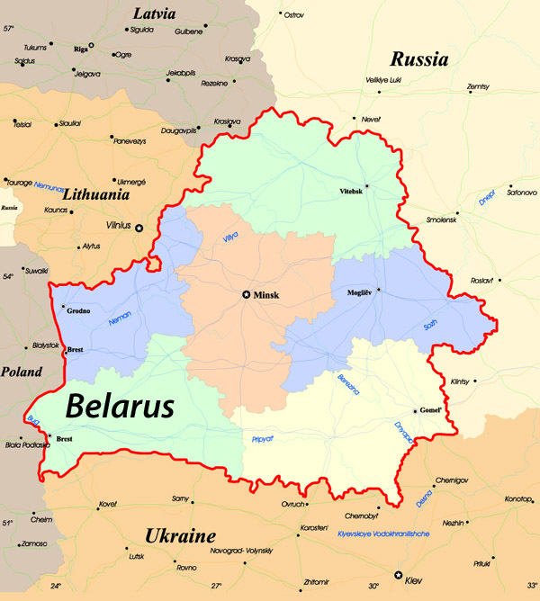 Administrative and international corridors map of Belarus.