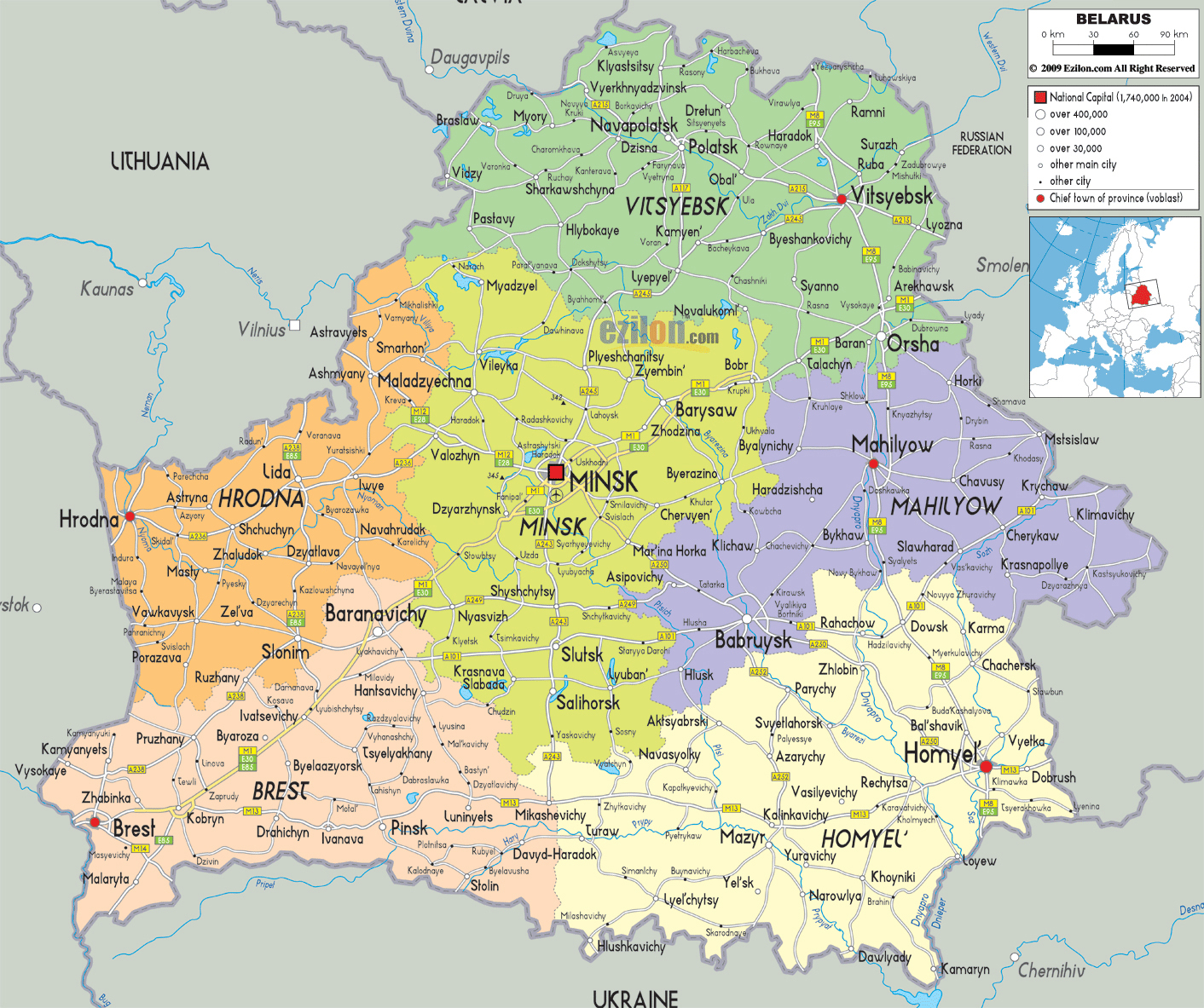 Large detailed administrative and road map of Belarus with all cities