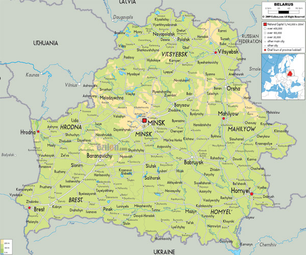 Large detailed physical and road map of Belarus with all cities and airports