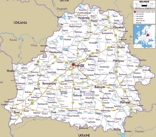 Large detailed road map of Belarus with all cities and airports.