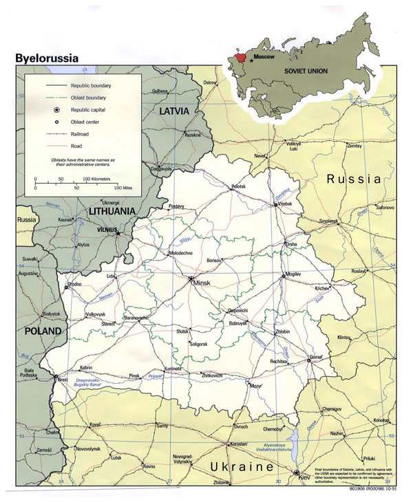 Belorussia large political and administrative map with roads and major cities - 1991.