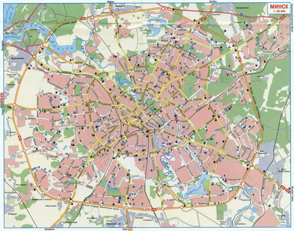 Large road map of Minsk in russian.