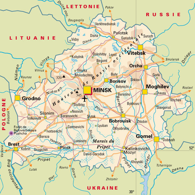 Road map of Belarus with cities and airports