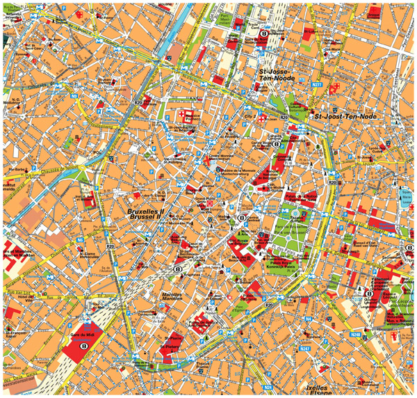 Detailed tourist map of Brussels city center.