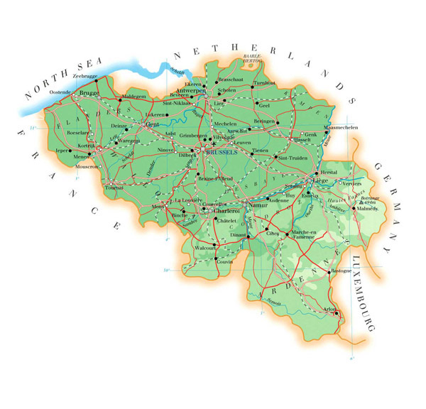 Detailed physical map of Belgium with all roads, cities and airports.