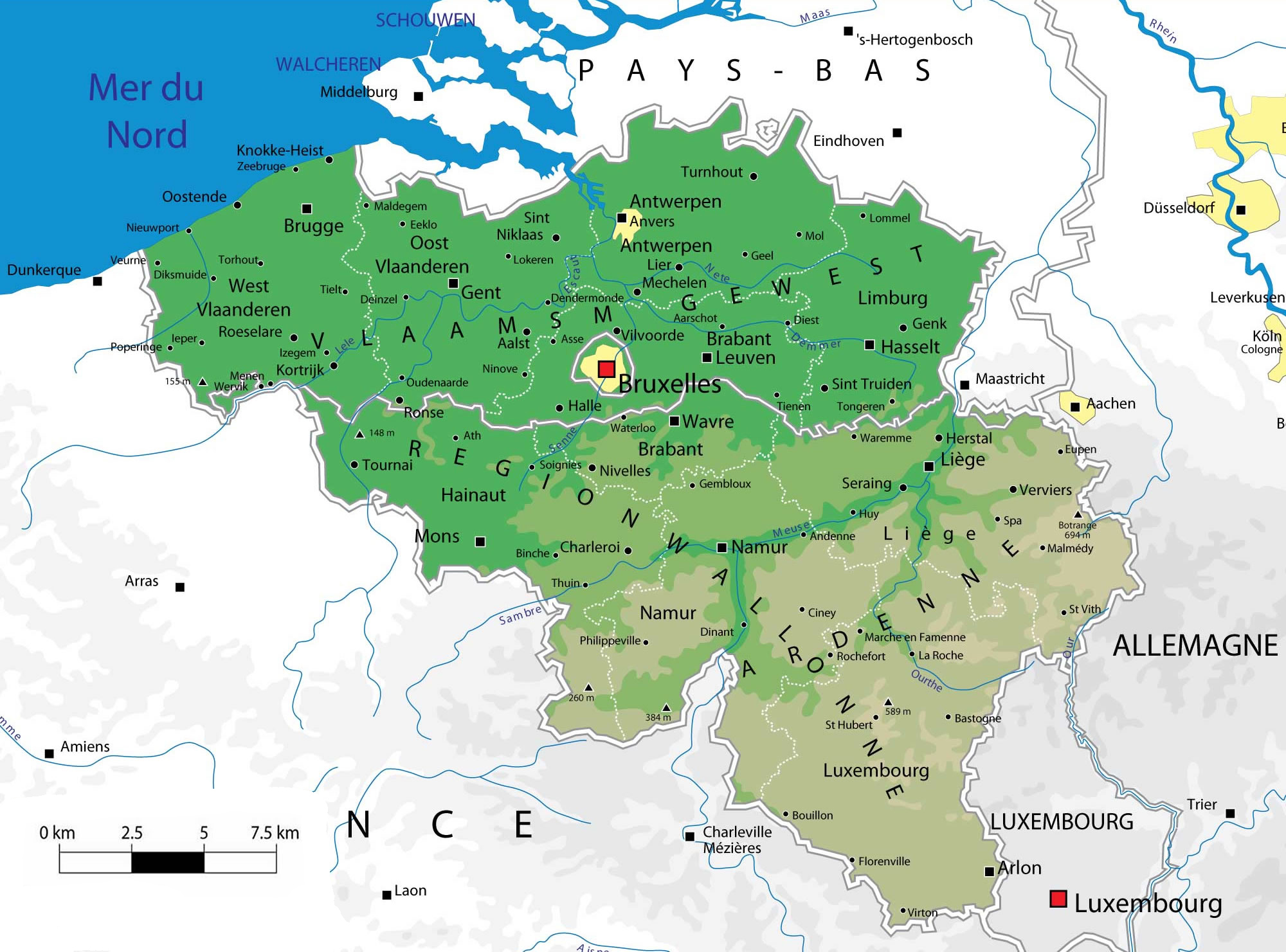 Large detailed physical map of Belgium with all cities
