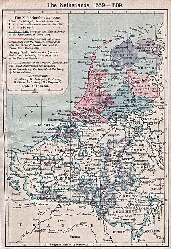 Large old map of Netherlands and Belgium - 1559-1609.