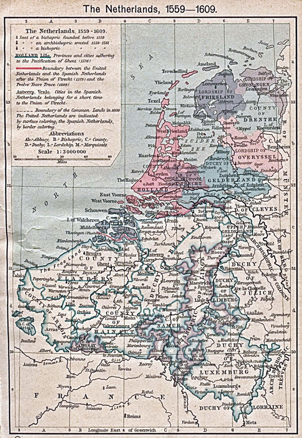 Large old map of Netherlands and Belgium - 1559-1609.