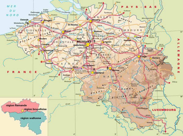 Road and physical map of Belgium. Belgium road and physical map.