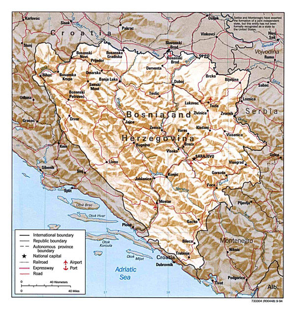 Administrative and relief map of Bosnia and Herzegovina.