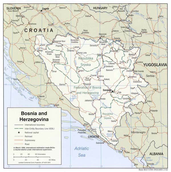 Administrative and road map of Bosnia and Herzegovina.