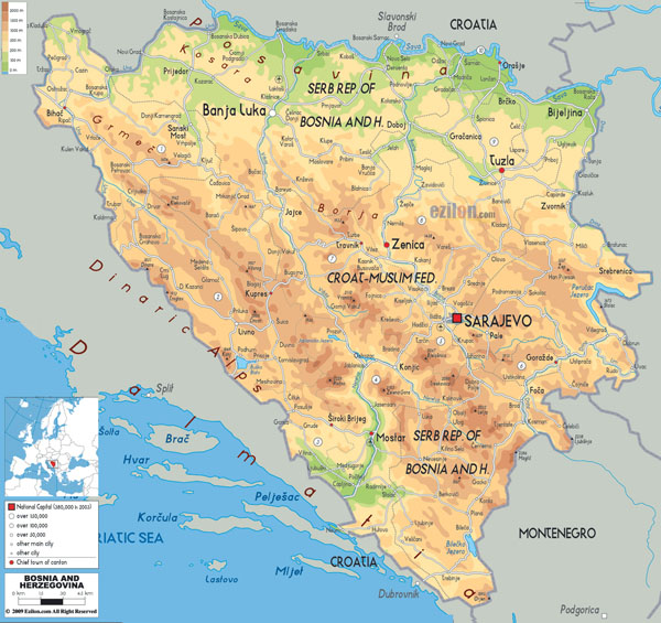 Detailed physical map of Bosnia and Herzegovina with roads, cities and airports.