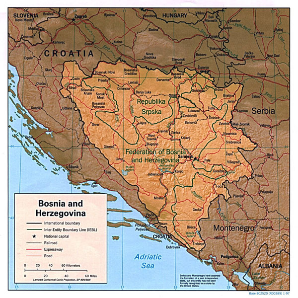 Detailed political and administrative map of Bosnia and Herzegovina with relief - 1997.