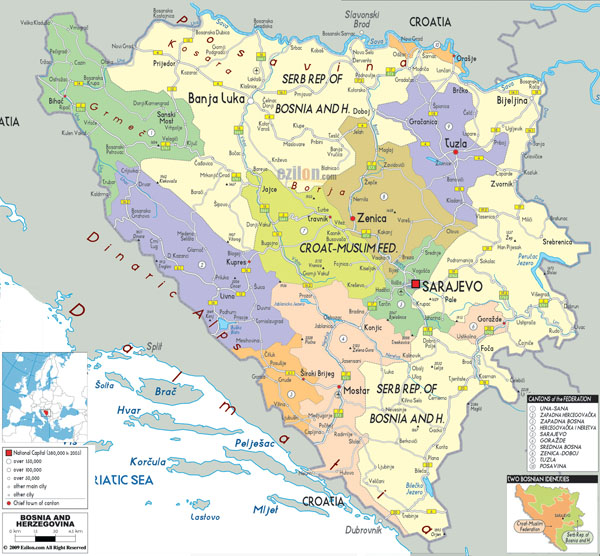 Detailed political and administrative map of Bosnia and Herzegovina with roads, cities and airports. Detailed political and administrative map of Bosnia and Herzegovina with roads, cities and airports.
