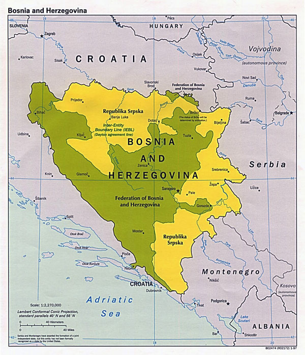 Detailed political map of Bosnia and Herzegovina - 1997.