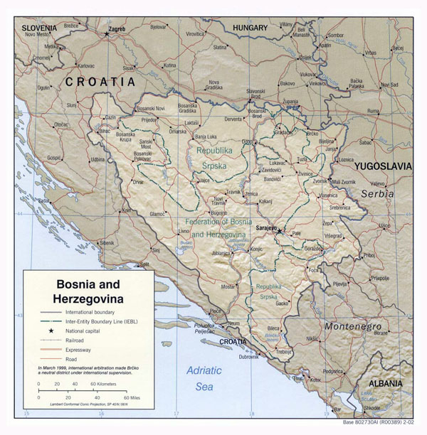 Detailed political map of Bosnia and Herzegovina with relief.