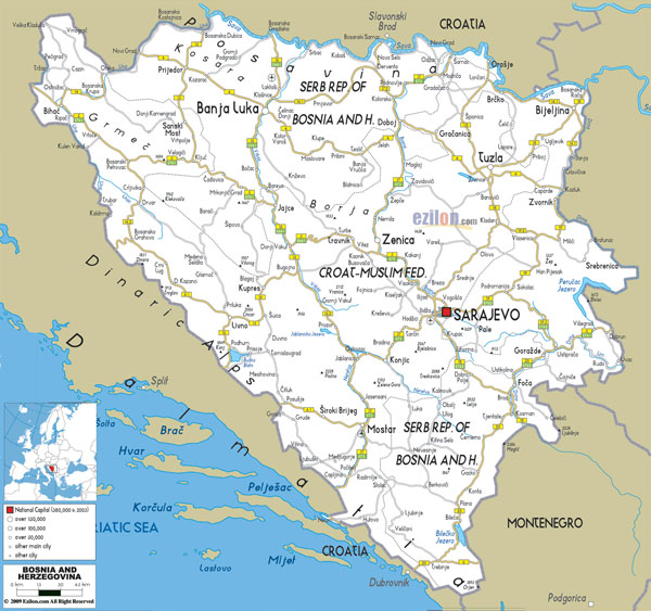 Detailed roads map of Bosnia and Herzegovina with cities and airports.