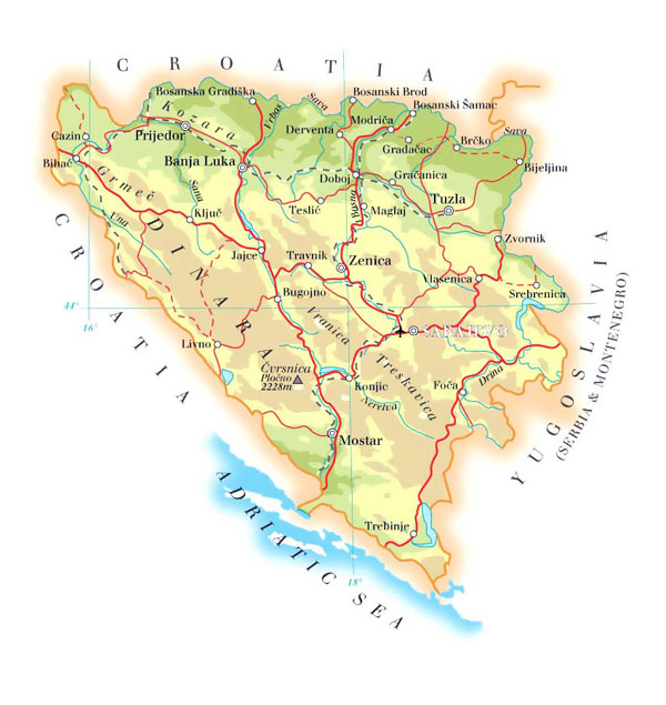 Elevation map of Bosnia and Herzegovina.