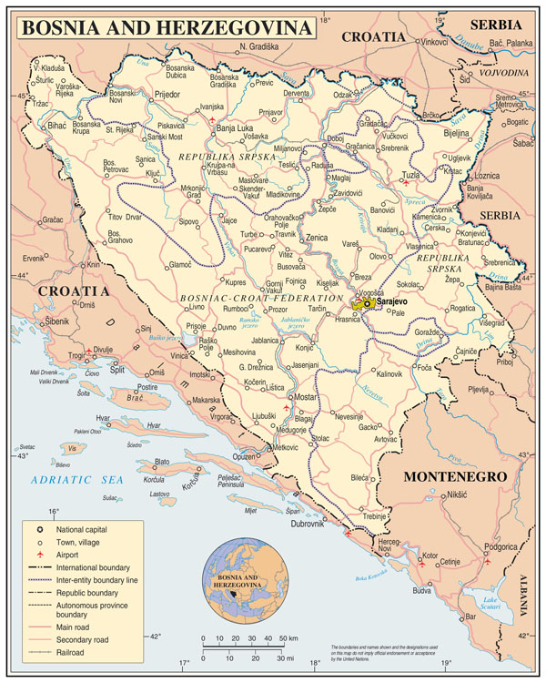 Large detailed political and administrative map of Bosnia and Herzegovina with roads, cities and airports.