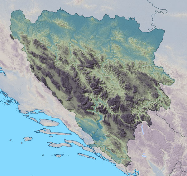 Large detailed relief map of Bosnia and Herzegovina.