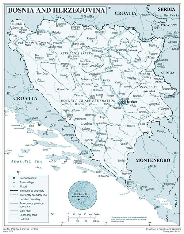 Large political and administrative map of Bosnia and Herzegovina with roads, cities and airports.