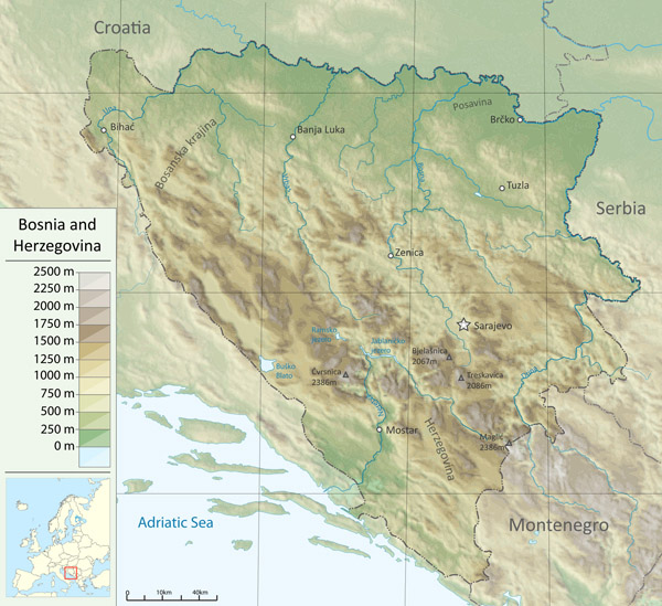 Physical map of Bosnia and Herzegovina.