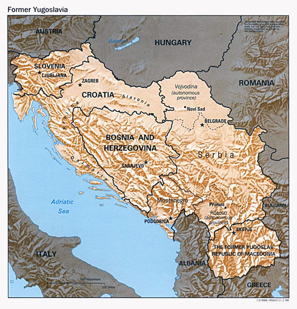 Political map of Yugoslavia with relief - 1996.