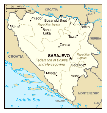 Small map of Bosnia and Herzegovina.