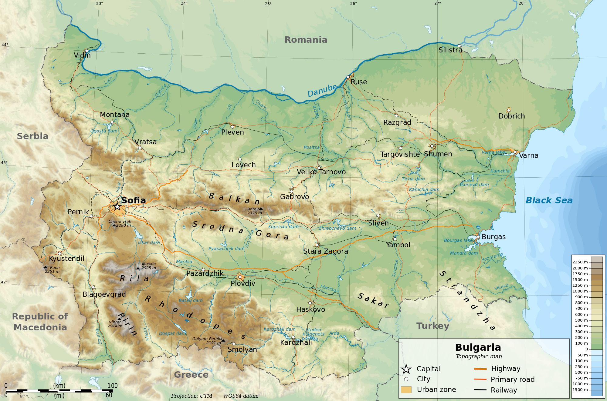 Detailed physical and road map of Bulgaria. Bulgaria detailed physical