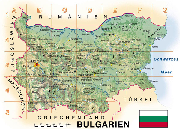 Detailed topographical map of Bulgaria.