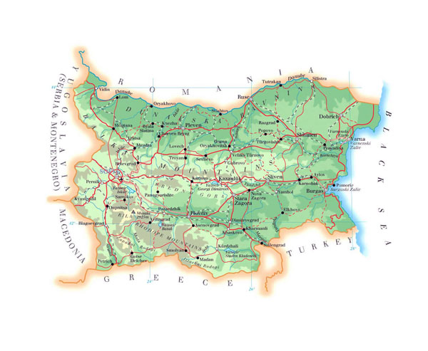 Elevation map of Bulgaria with roads, cities and airports.