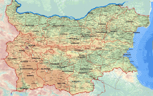 Large detailed elevation map of Bulgaria with all roads and cities.