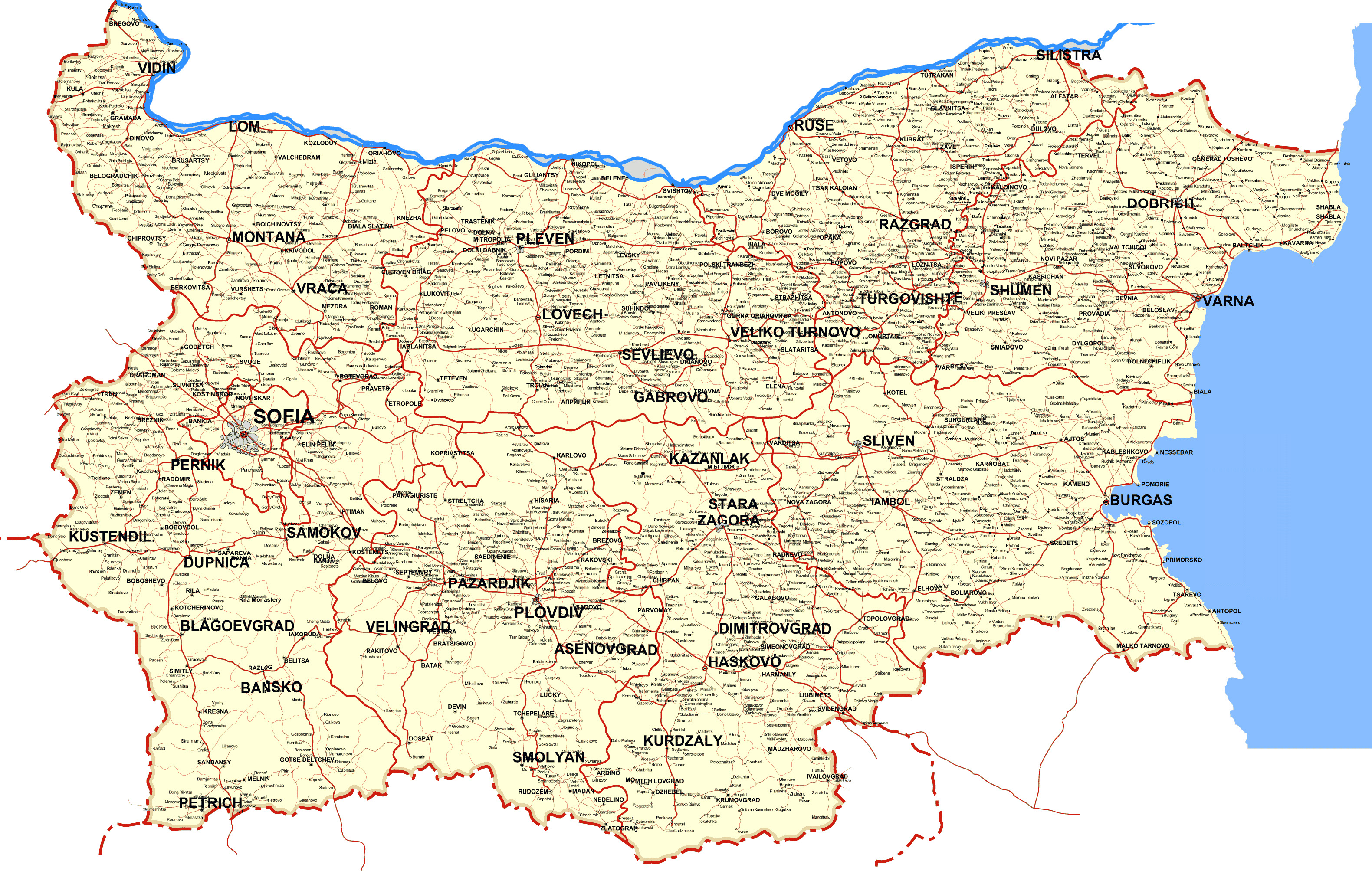 Large Detailed Roads Map Of Bulgaria With All Cities Vidiani 
