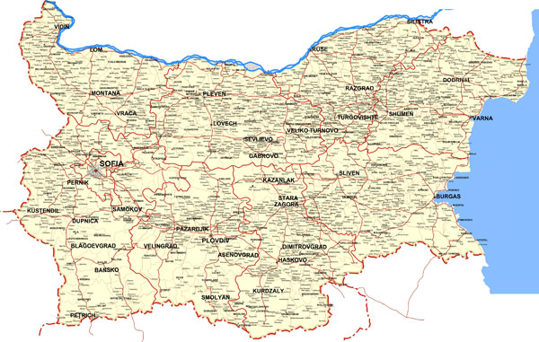 Large detailed roads map of Bulgaria with all cities.