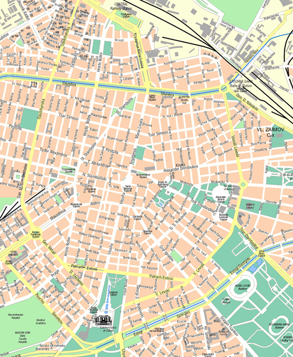 Large detailed road map of central part of Sofia city.