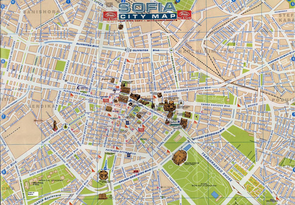 Large detailed tourist map of central part of Sofia.