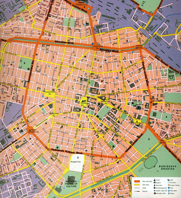 Large detailed tourist map of central part of Sofia city.