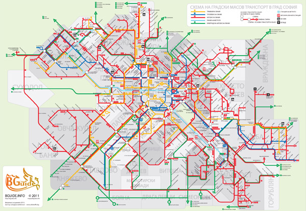 Large public transport map of Sofia city.