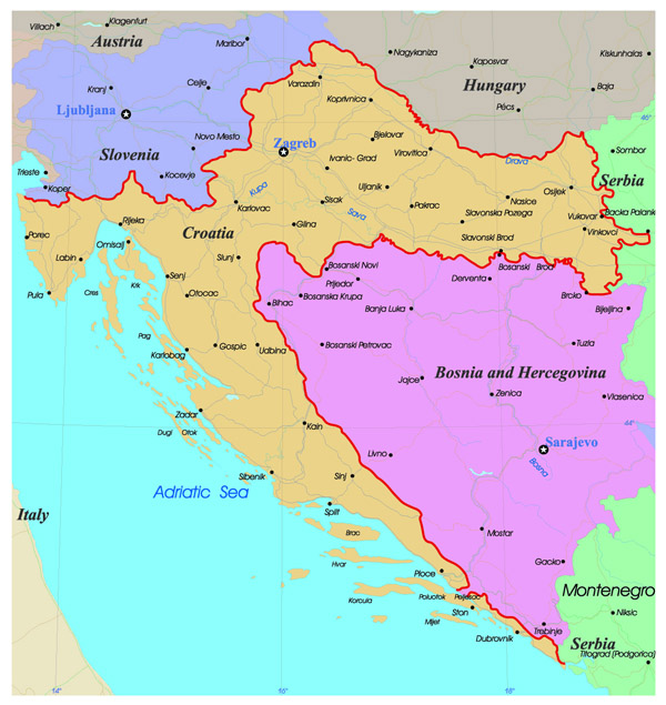 Detailed administrative map of Croatia with roads and major cities.